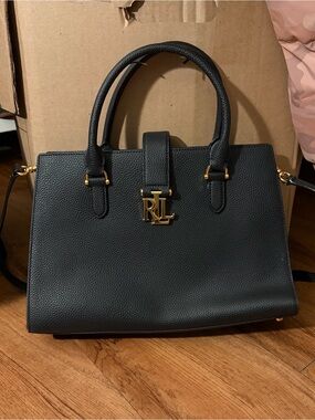 Ralph Lauren Black Pebbled Leather “Brigitte II” Bag with Gold RL Emblem